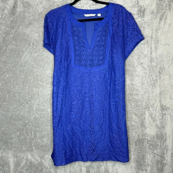 Isaac Mizrahi 2X Shirt Top Teal Blue Solid Cap Short Sleeve Scoop Neck Lace Over - Picture 1 of 6